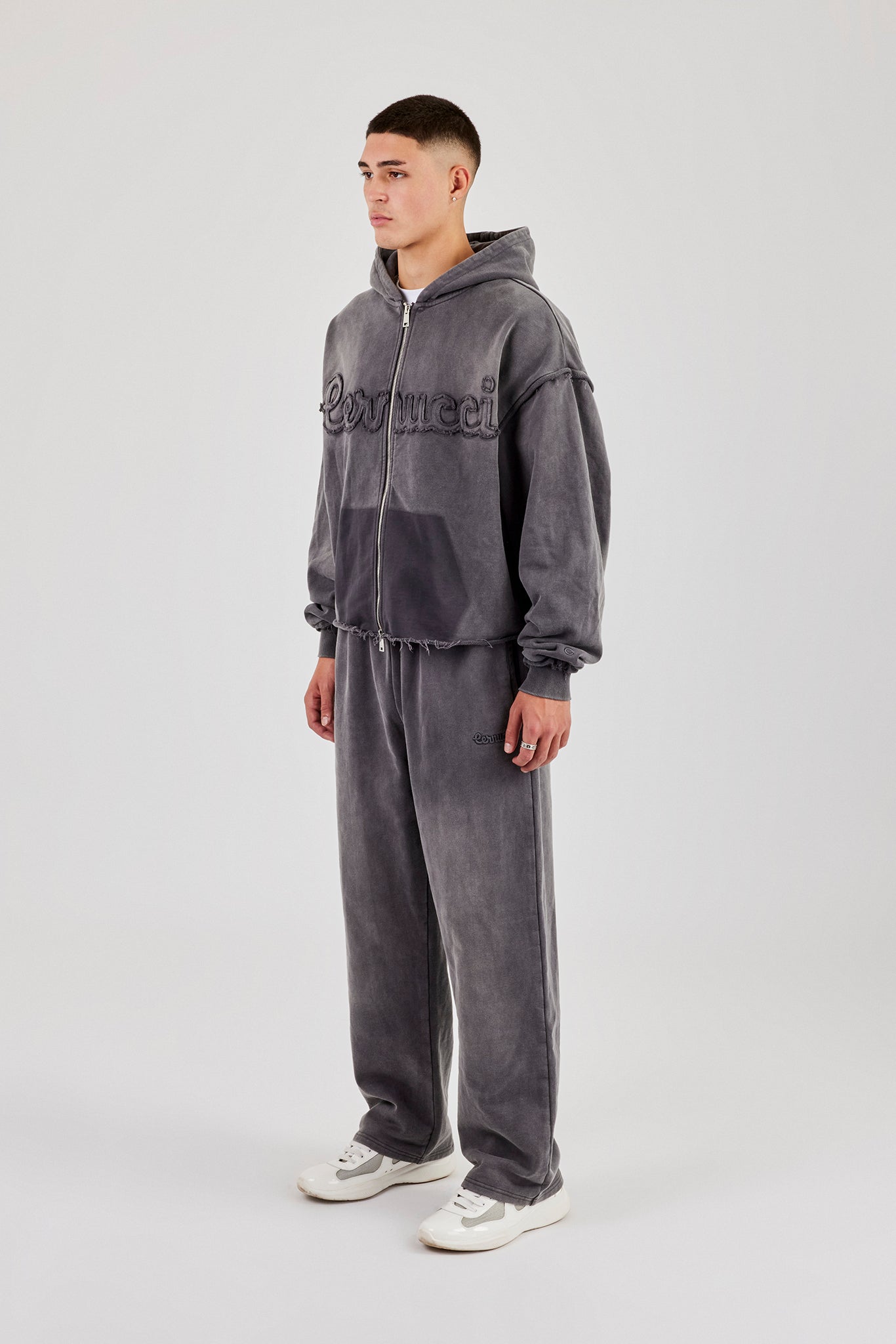 Washed Applique Zip Through Hoodie & Relaxed Jogger - Grey